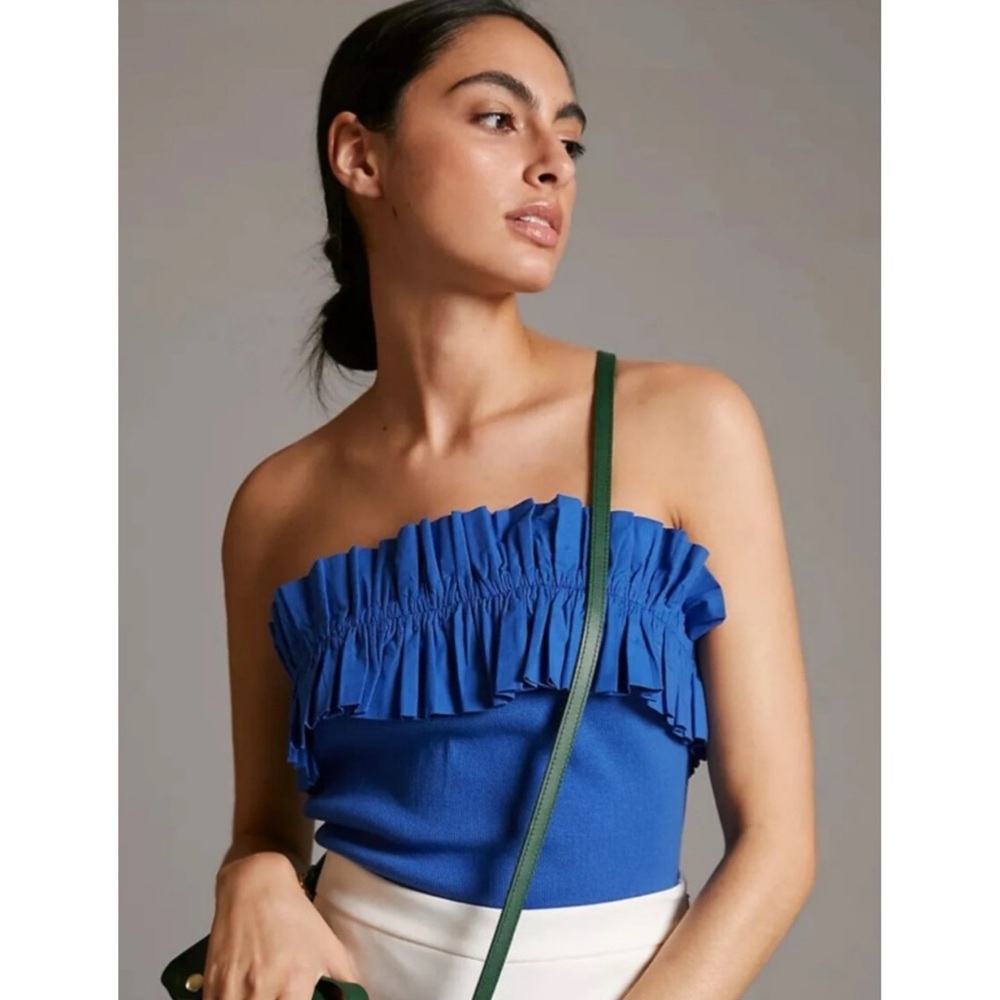 Anthropologie Maeve Strapless Poplin Ruffle Blouse Tube Top, Blue - Size S‎